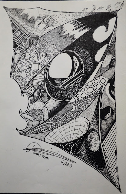 Ink drawing — dense abstract composition with stippling, geometric grids, and organic forms, spanning seven years of personal transformation