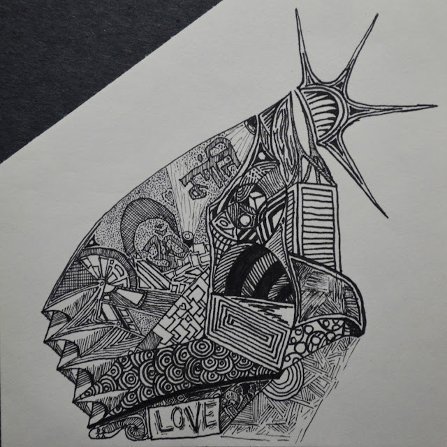 First micron pen piece — dense abstract form with starburst, LOVE and LIFE text, capturing early relationship exhilaration