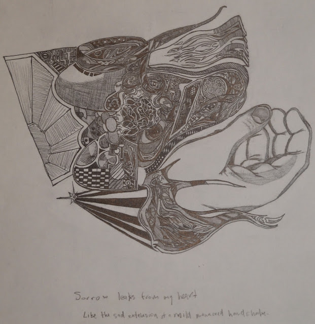 Pencil drawing — dense interior flowing into an open hand, text reads Sorrow leaks from my heart like the sad extension of a mild mannered handshake