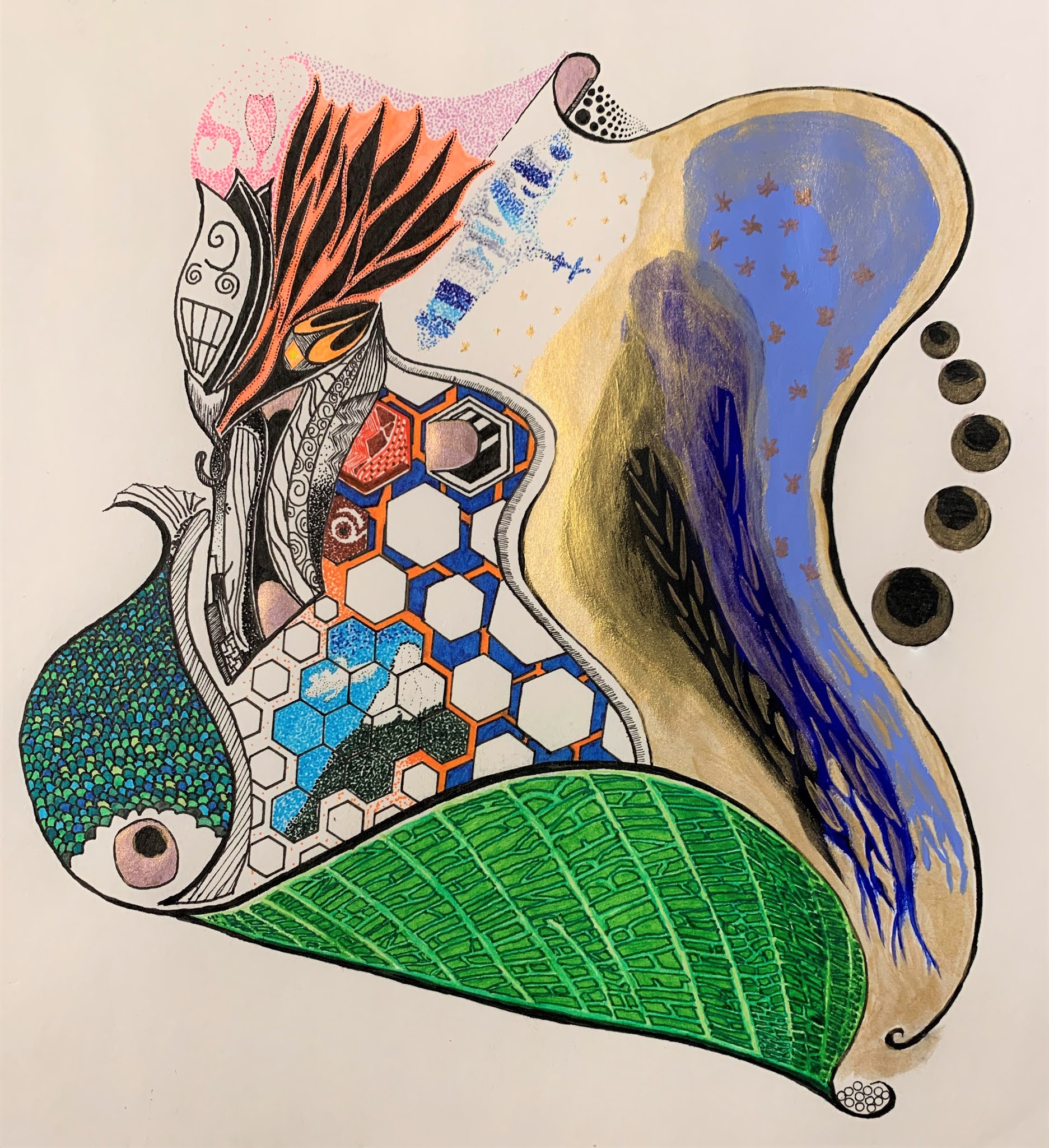 Mixed media artwork — dual face with hexagonal lattice, painted organic forms, transitioning from ink to paint across three years of recovery