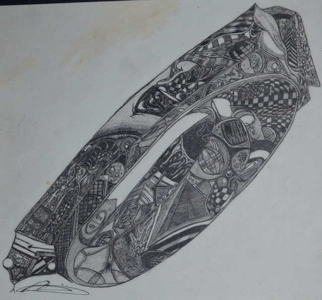 Pencil drawing — elongated capsule form filled with dense patterns, exploring the intersection of faith and science
